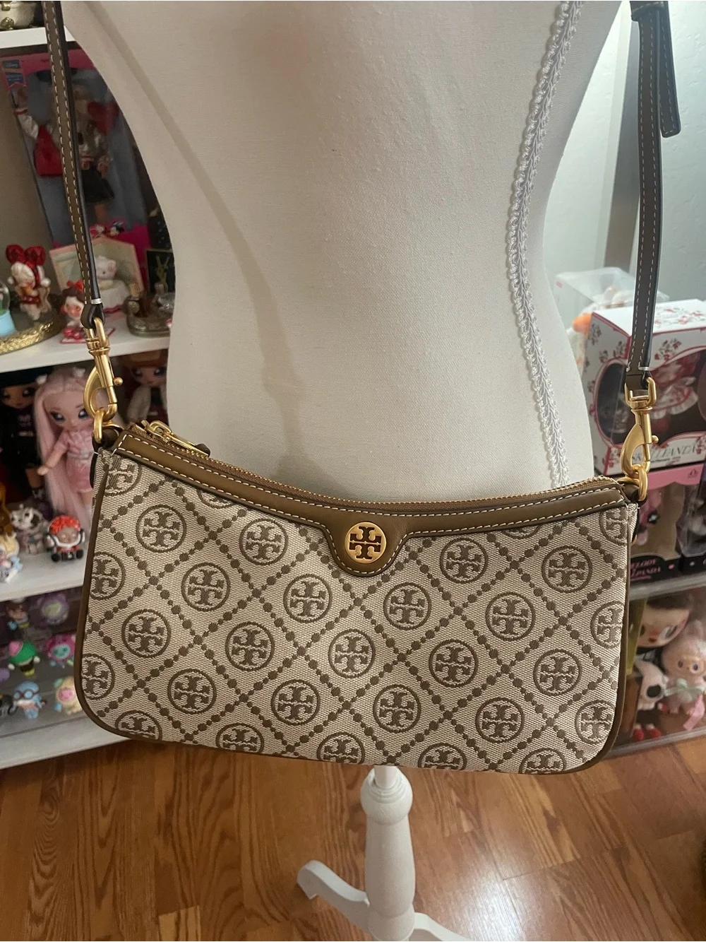 Tory Burch T Monogram Jacquard Shoulder Crossbody Bag Brown Gold